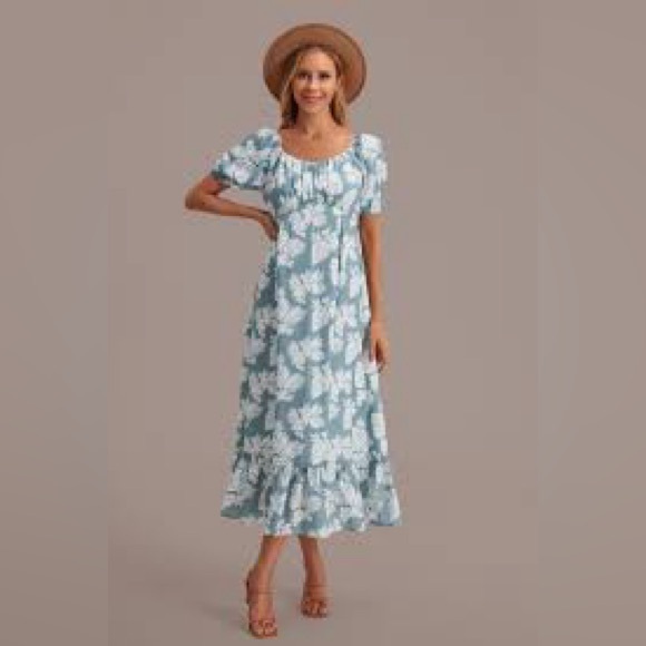 New XL Floral Palm Dress Green Long Flowing comfortable modest maxi boho - Picture 1 of 6